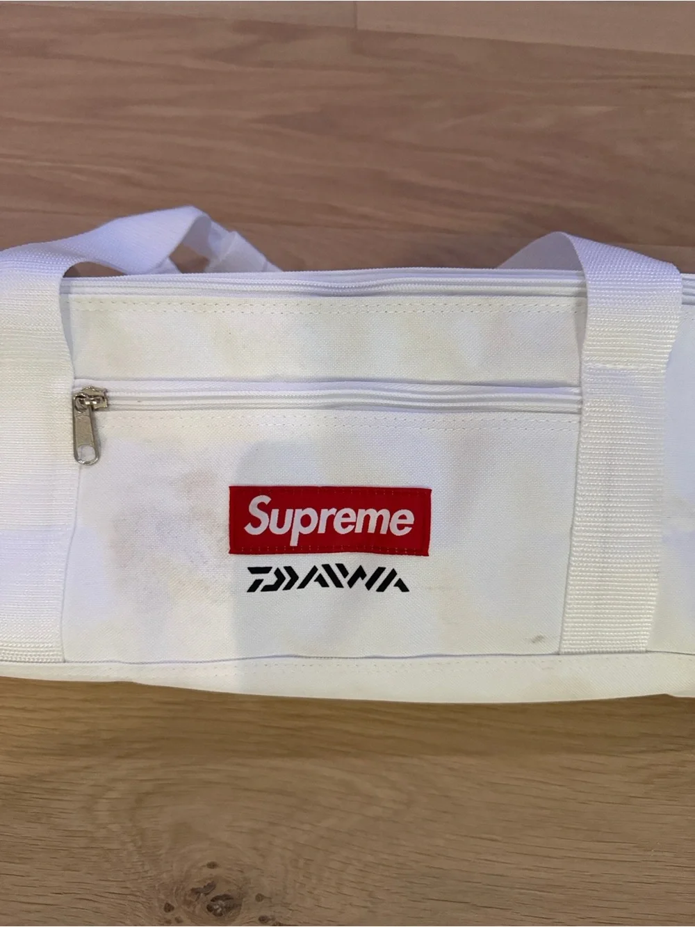 Supreme White Canvas Duffel with Red Logo